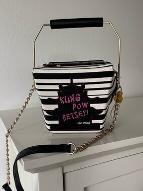 Betsey Johnson Kung Pow Chinese Takeout Black & White Striped Crossbody Handbag